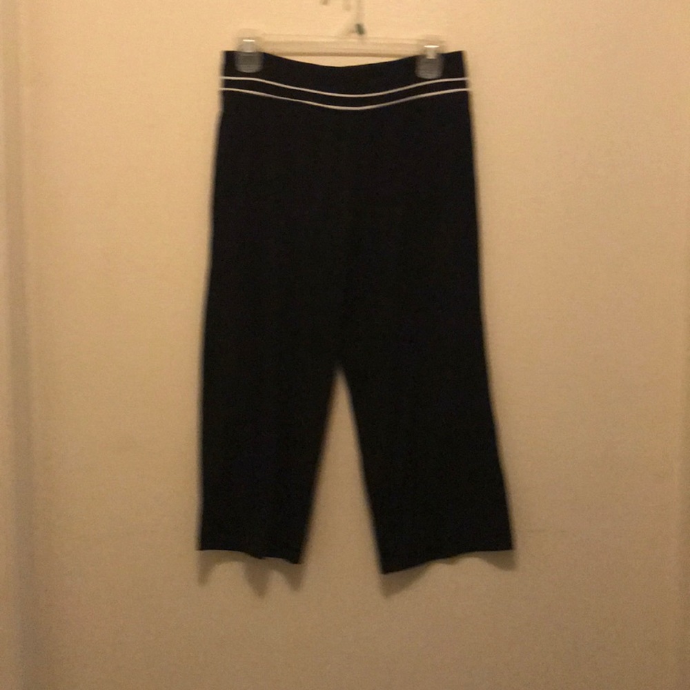 Black and white striped workout capris